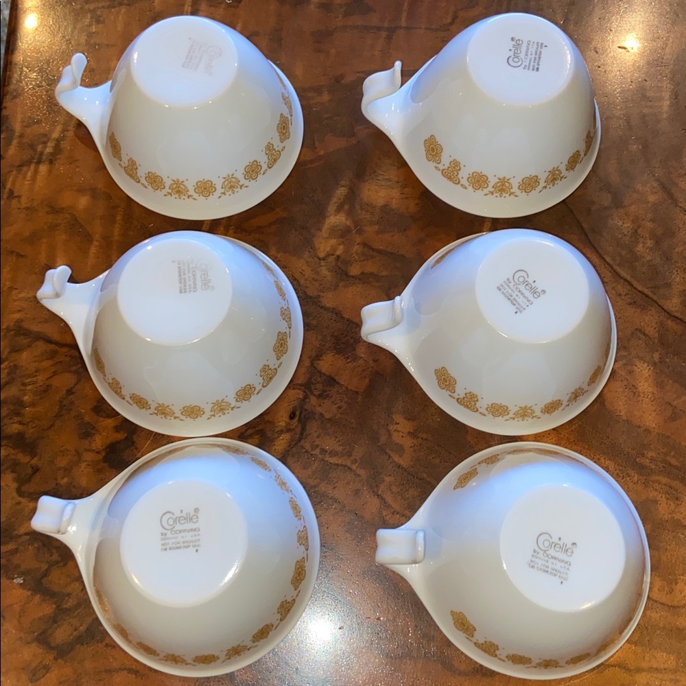 6 Corelle by Corning Vintage Butterfly Gold Floral Pattern White Hook Mugs Cups
